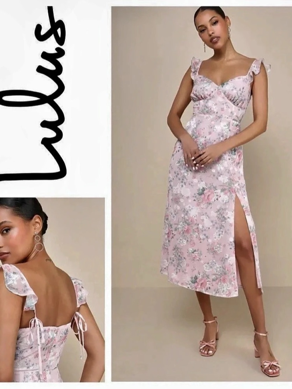 NWT Lulus Delightful Direction Blush Floral Ruffled Tie-strap Midi Dress